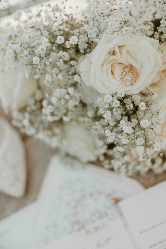 Flat lay of wedding invitation suite by Paper Daisies Stationery