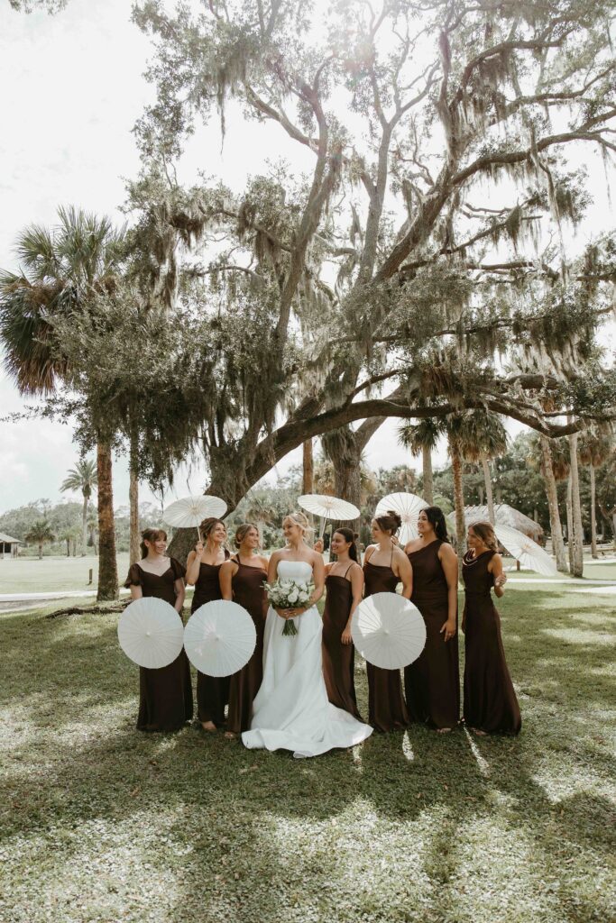 Bridal party portraits under the oaks at the Fountain of Youth.