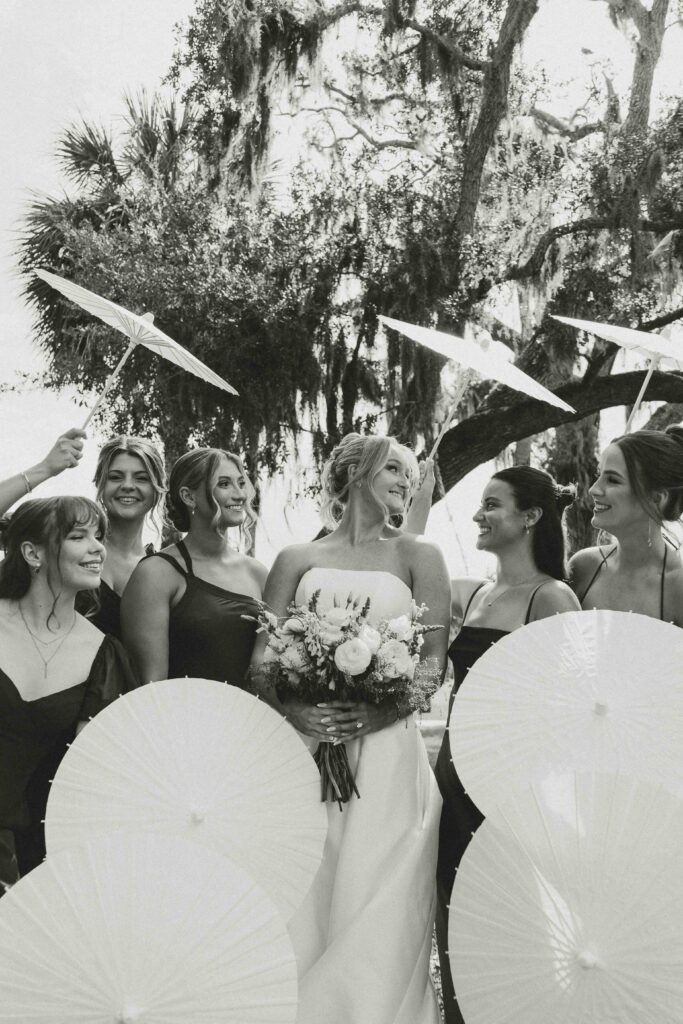 Bridal party portraits under the oaks at the Fountain of Youth.