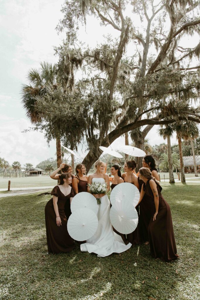 Bridal party portraits under the oaks at the Fountain of Youth.