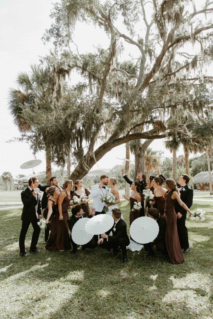 Wedding party portraits under the oaks at the Fountain of Youth.