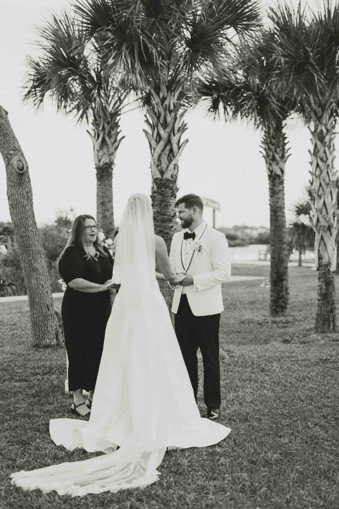 Ceremony portraits under the oaks at the Fountain of Youth.