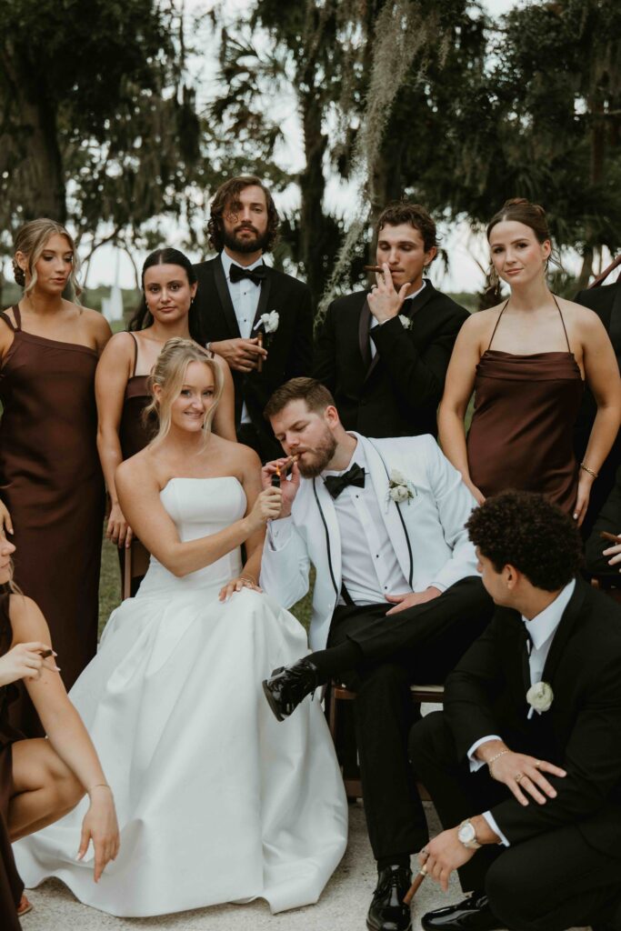Cigar vogue-inspired wedding party portraits.